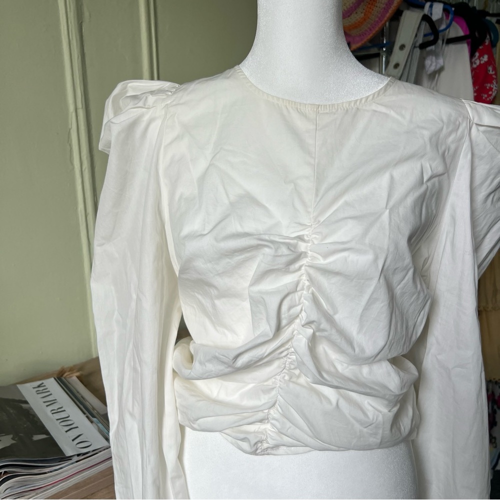 White Puff Long-Sleeve Ruched Detail Corset Modest Cute Blouse Shirt Top Sz M-L - Picture 3 of 15